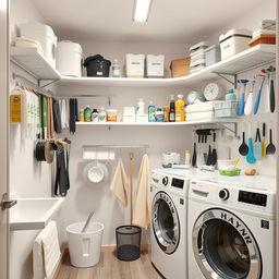 A modern and well-organized laundry room in the "era of washing," featuring innovative systems for organizing and storing cleaning utensils