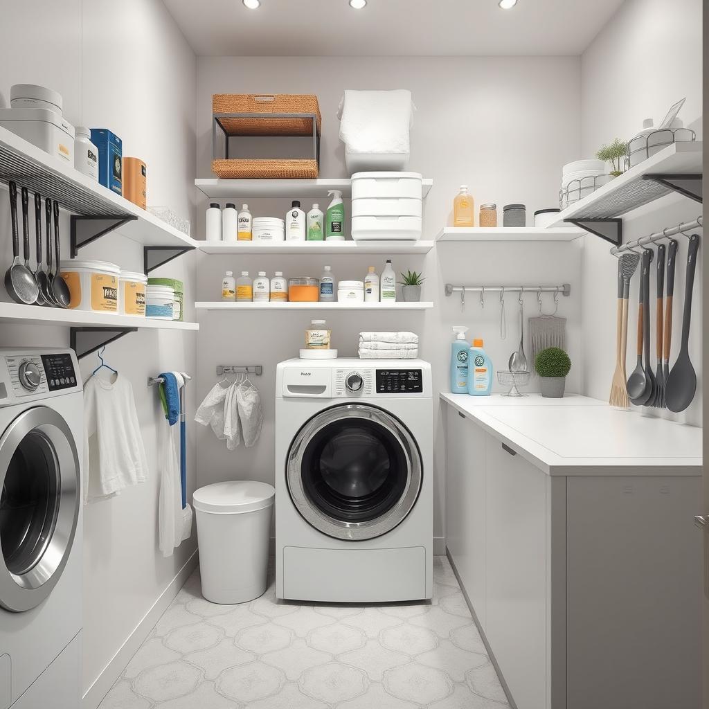 A modern and well-organized laundry room in the "era of washing," featuring innovative systems for organizing and storing cleaning utensils