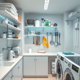 A modern and well-organized laundry room in the "era of washing," featuring innovative systems for organizing and storing cleaning utensils