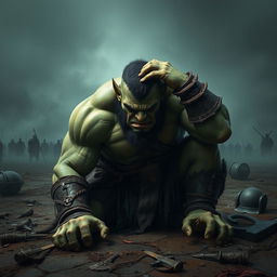 A distraught orc warrior falls to his knees in a dramatic landscape