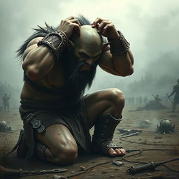 A distraught orc warrior falls to his knees in a dramatic landscape