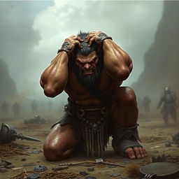 A distraught orc warrior falls to his knees in a dramatic landscape