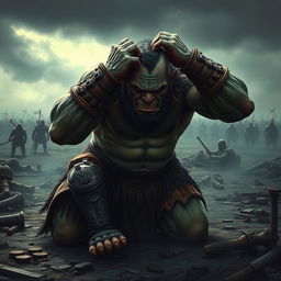 A distraught orc warrior falls to his knees in a dramatic landscape