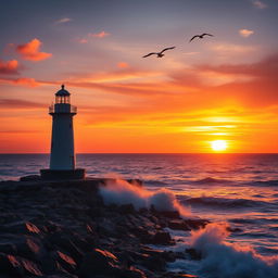 A solitary lighthouse stands tall on the rugged coast during a captivating sunset