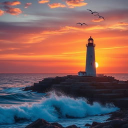 A solitary lighthouse stands tall on the rugged coast during a captivating sunset