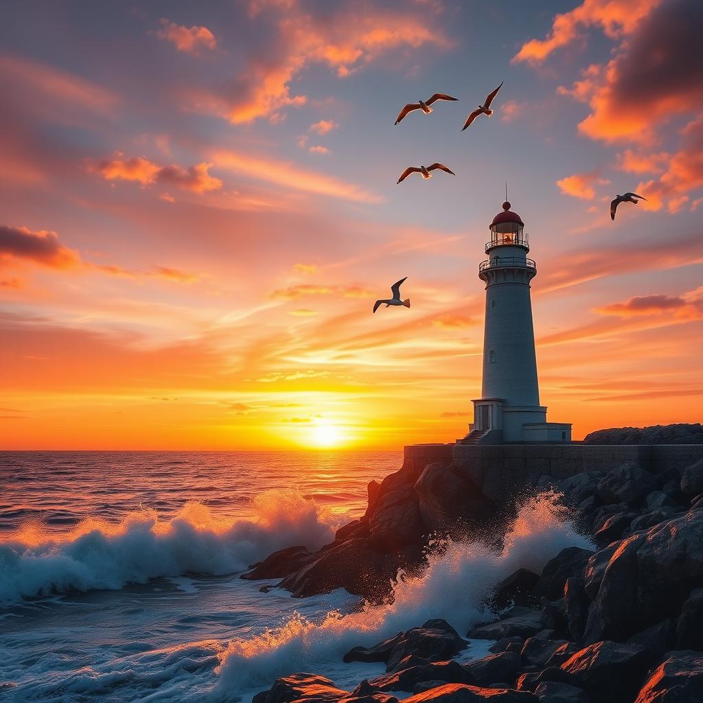 A solitary lighthouse stands tall on the rugged coast during a captivating sunset