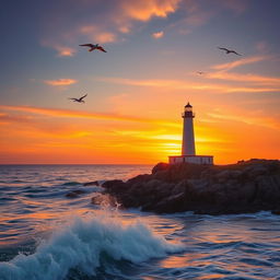 A solitary lighthouse stands tall on the rugged coast during a captivating sunset