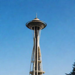 Seattle's iconic Space Needle standing tall with a clear blue sky in the background.