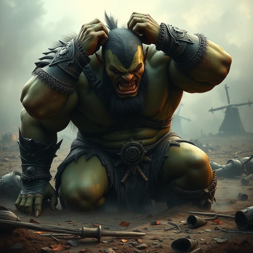 A distraught orc warrior falls to his knees in a dramatic landscape