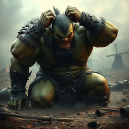 A distraught orc warrior falls to his knees in a dramatic landscape