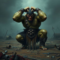 A distraught orc warrior falls to his knees in a dramatic landscape