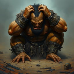 A distraught orc warrior falls to his knees in a dramatic landscape