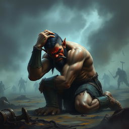 A distraught orc warrior falls to his knees in a dramatic landscape