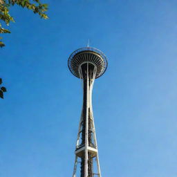 Seattle's iconic Space Needle standing tall with a clear blue sky in the background.