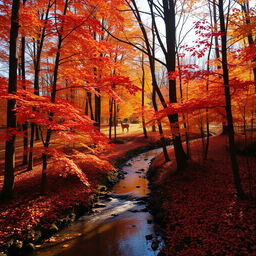 A serene forest during autumn with trees shedding vibrant colored leaves