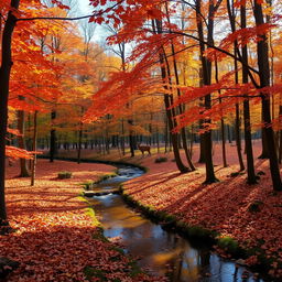 A serene forest during autumn with trees shedding vibrant colored leaves