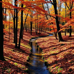 A serene forest during autumn with trees shedding vibrant colored leaves