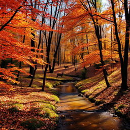 A serene forest during autumn with trees shedding vibrant colored leaves