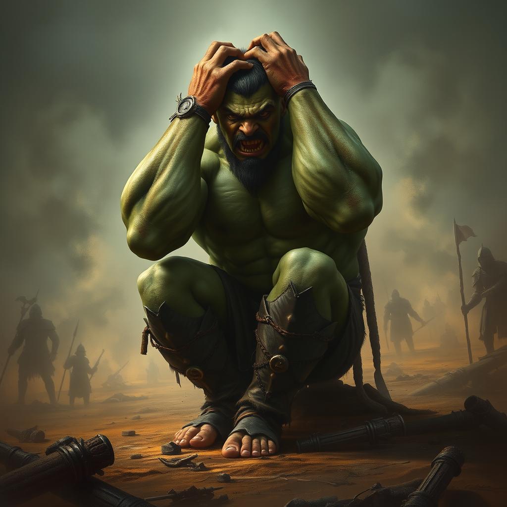 A distraught orc warrior falls to his knees in a dramatic landscape