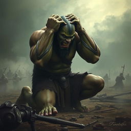 A distraught orc warrior falls to his knees in a dramatic landscape