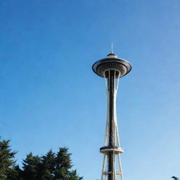 Seattle's iconic Space Needle standing tall with a clear blue sky in the background.