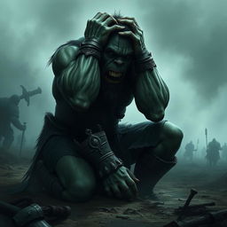 A distraught orc warrior falls to his knees in a dramatic landscape