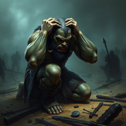 A distraught orc warrior falls to his knees in a dramatic landscape