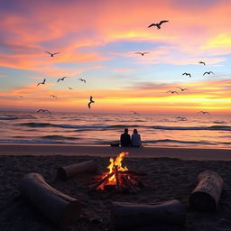 A picturesque view of a serene beach during sunset, with gentle waves lapping at the shore, and seagulls flying in the sky