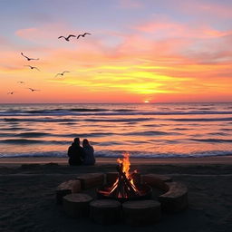 A picturesque view of a serene beach during sunset, with gentle waves lapping at the shore, and seagulls flying in the sky