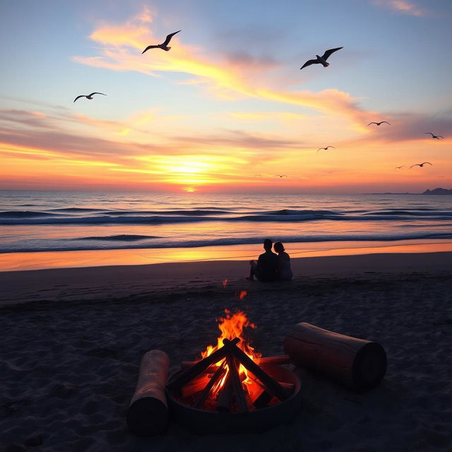 A picturesque view of a serene beach during sunset, with gentle waves lapping at the shore, and seagulls flying in the sky