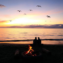 A picturesque view of a serene beach during sunset, with gentle waves lapping at the shore, and seagulls flying in the sky