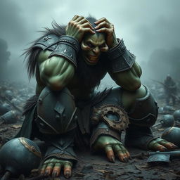 A broken and distraught orc warrior falls to his knees, his powerful frame showing signs of fatigue and defeat