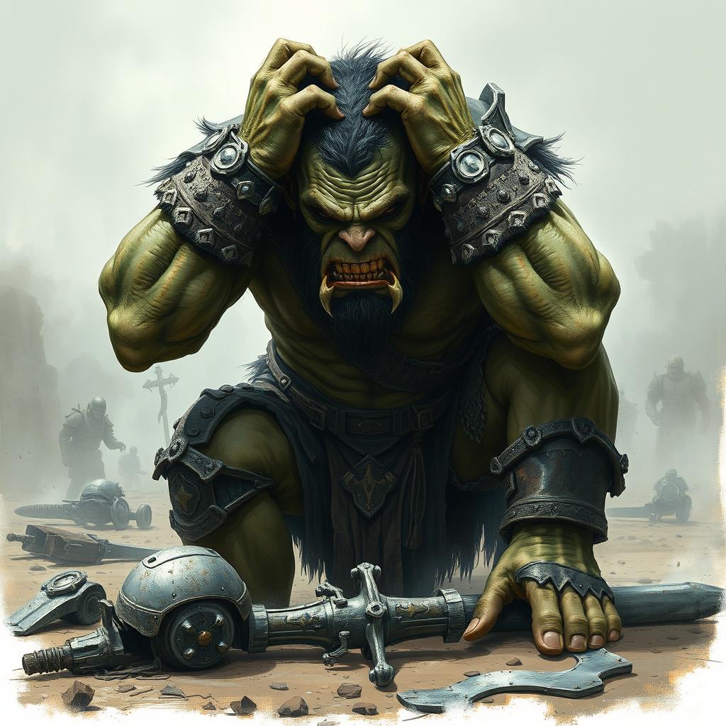 A broken and distraught orc warrior falls to his knees, his powerful frame showing signs of fatigue and defeat