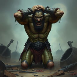 A broken and distraught orc warrior falls to his knees, his powerful frame showing signs of fatigue and defeat