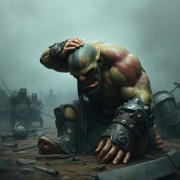 A broken and distraught orc warrior falls to his knees, his powerful frame showing signs of fatigue and defeat