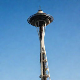 Seattle's iconic Space Needle standing tall with a clear blue sky in the background.