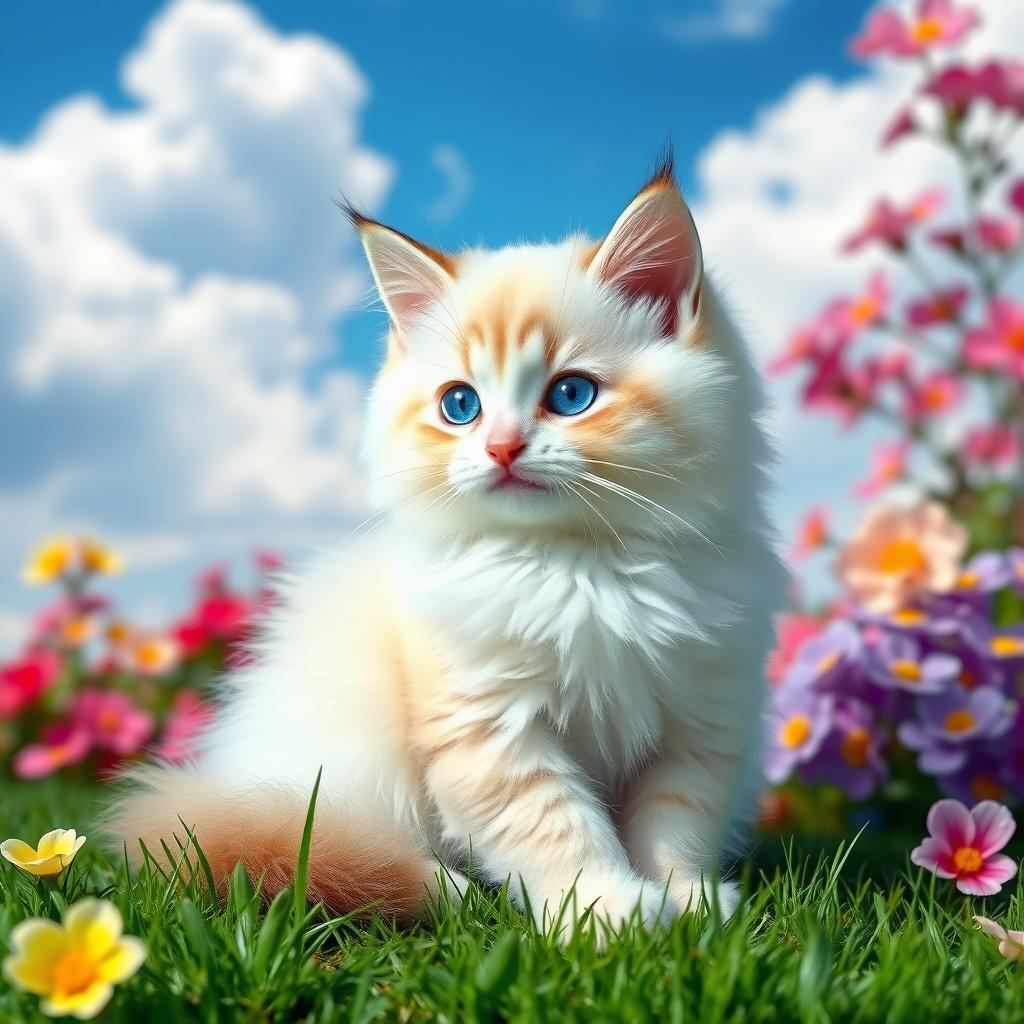 A cute, fluffy cat with sparkling blue eyes, sitting elegantly on a vibrant green grass