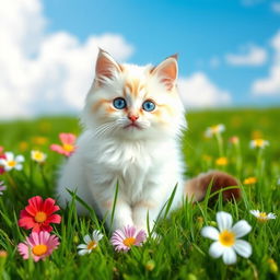 A cute, fluffy cat with sparkling blue eyes, sitting elegantly on a vibrant green grass