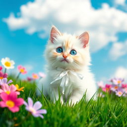 A cute, fluffy cat with sparkling blue eyes, sitting elegantly on a vibrant green grass