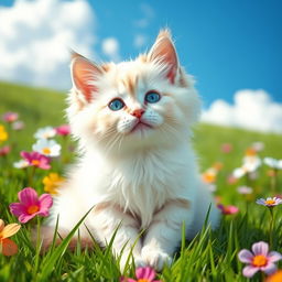 A cute, fluffy cat with sparkling blue eyes, sitting elegantly on a vibrant green grass