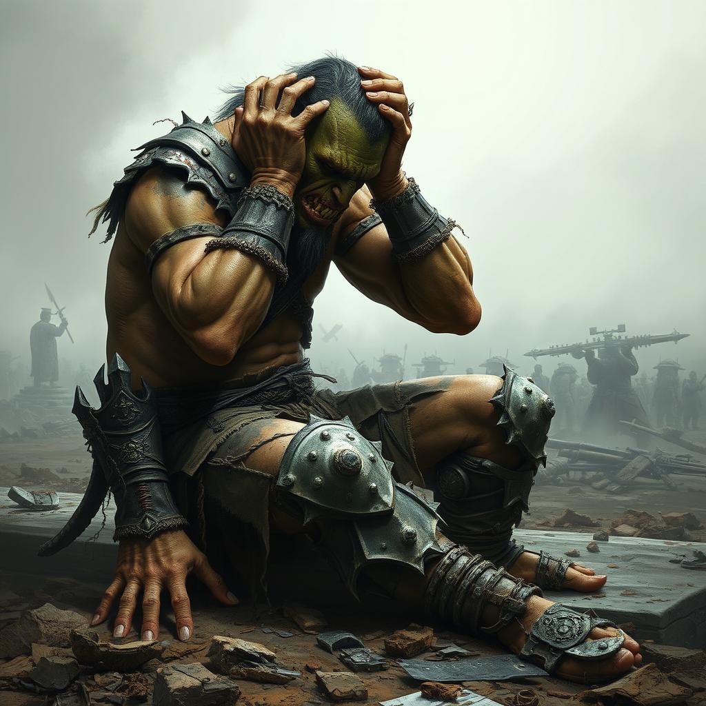 A broken and distraught orc warrior collapses to his knees in a devastated landscape