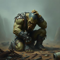 A broken and distraught orc warrior collapses to his knees in a devastated landscape