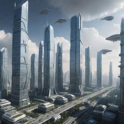 A futuristic cityscape in the year 3000 with advanced skyscrapers, flying vehicles, and cutting-edge technology.