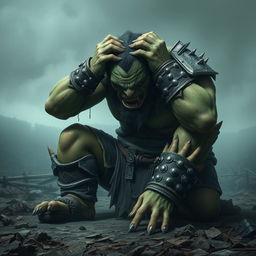 A broken and distraught orc warrior collapses to his knees in a devastated landscape