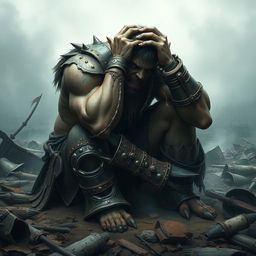 A broken and distraught orc warrior collapses to his knees in a devastated landscape