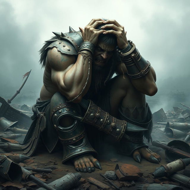 A broken and distraught orc warrior collapses to his knees in a devastated landscape