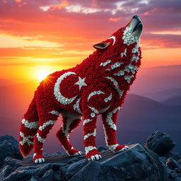 A majestic wolf composed entirely of Turkish flag flowers, with the rich red and white colors forming the body and intricate patterns replicating the crescent and star