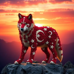 A majestic wolf composed entirely of Turkish flag flowers, with the rich red and white colors forming the body and intricate patterns replicating the crescent and star