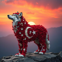 A majestic wolf composed entirely of Turkish flag flowers, with the rich red and white colors forming the body and intricate patterns replicating the crescent and star