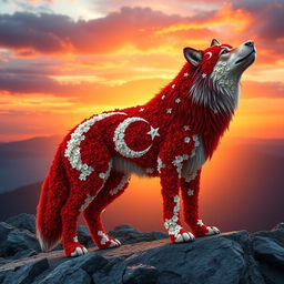 A majestic wolf composed entirely of Turkish flag flowers, with the rich red and white colors forming the body and intricate patterns replicating the crescent and star